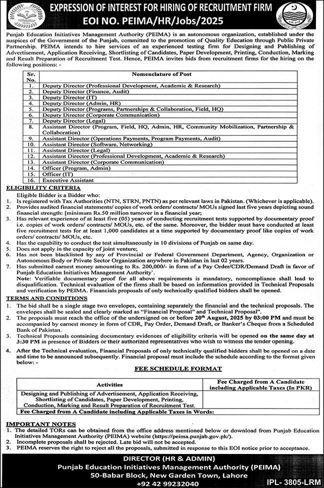 Jobs in Punjab Education Initiatives Management Authority